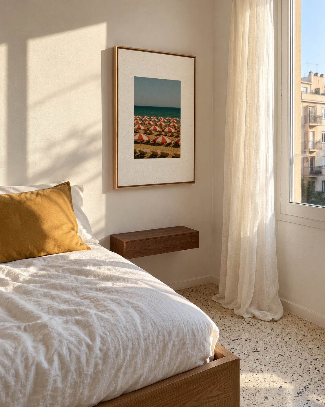 Red Umbrellas - Framed canvas in an interior