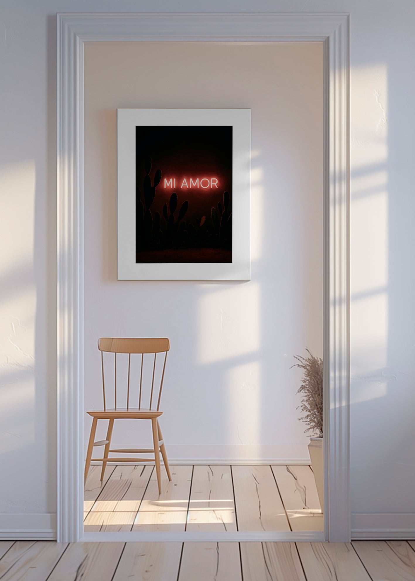 Fotografía artística: letrero neón "Mi Amor" sobre cactus – Canvas