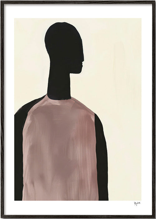 Cuadro abstracto con silueta minimalista y torso rosado – Black Frame