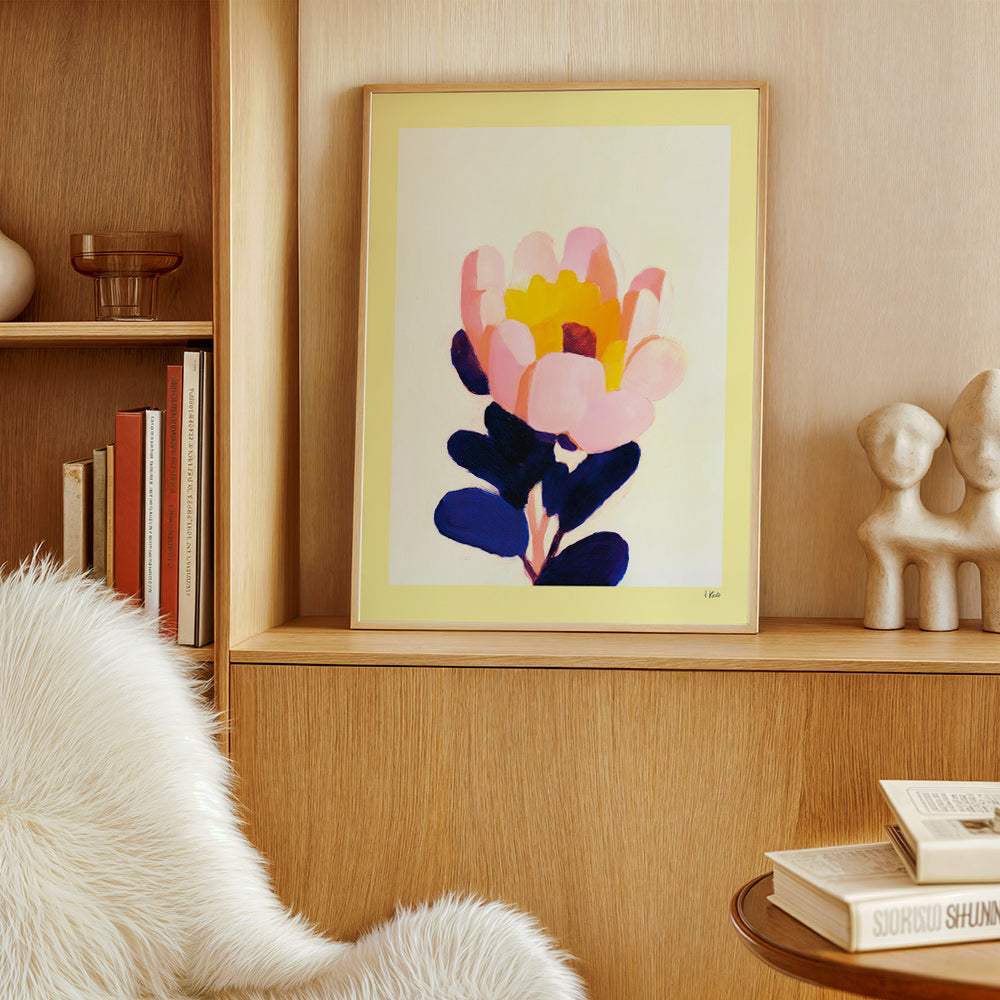 Lámina botánica: flor rosa con hojas azul profundo – Product1