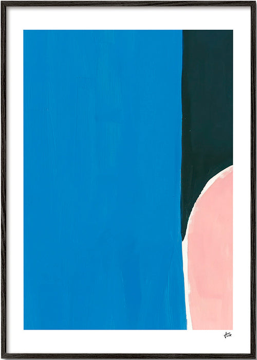 Cuadro abstracto azul con curva rosa – Black Frame