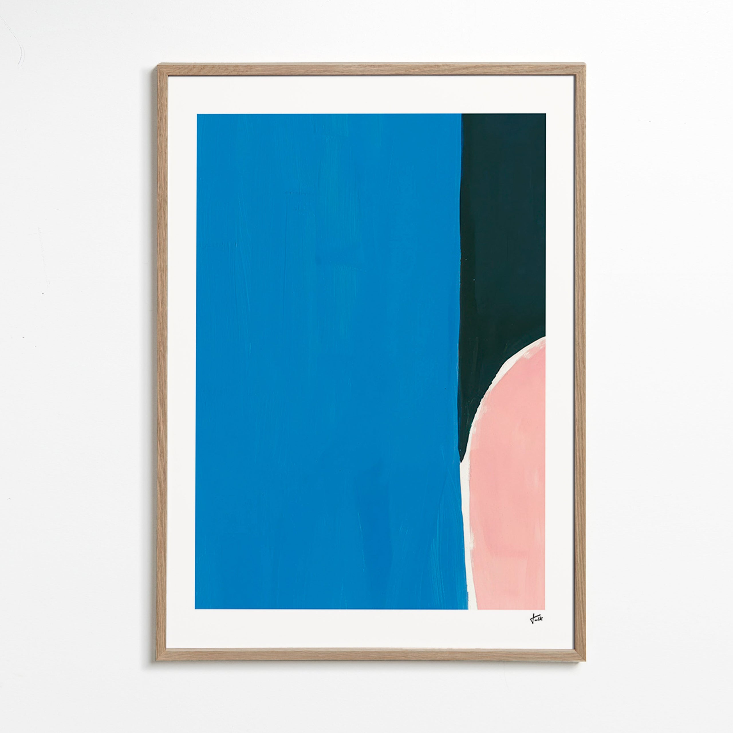 Cuadro abstracto azul con curva rosa – Oak Frame