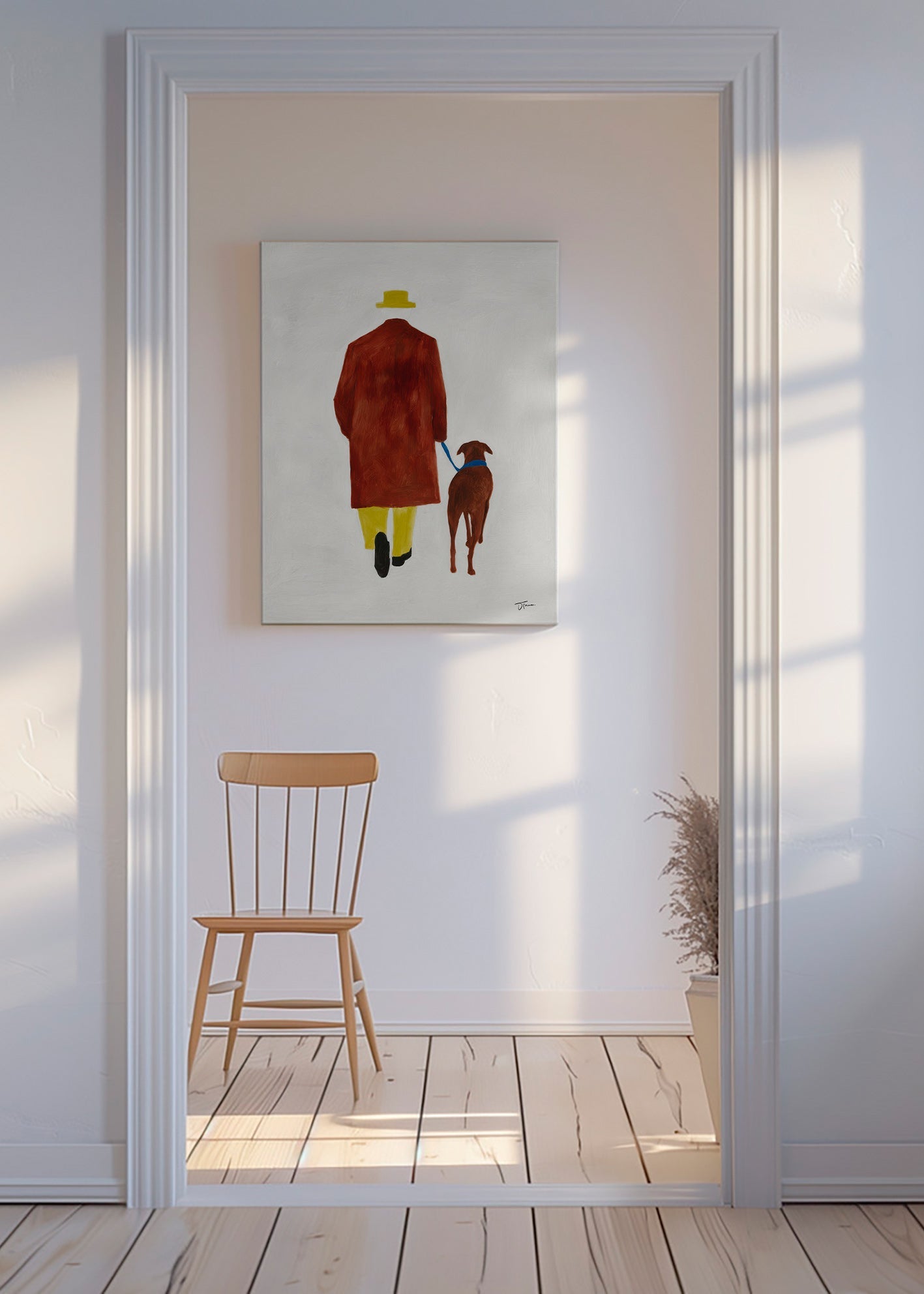 Ilustración de paseo con perro y sombrero amarillo – Canvas