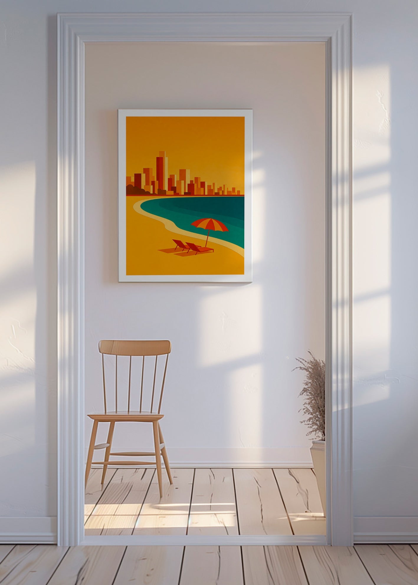 Cuadro de ciudades: playa con sombrilla retro – Canvas