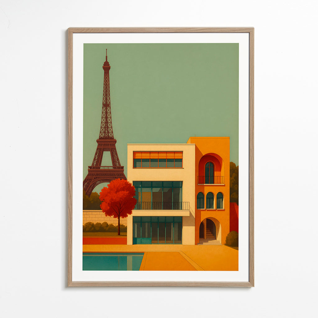 Cuadro de ciudades con casa moderna y Torre Eiffel – Oak Frame