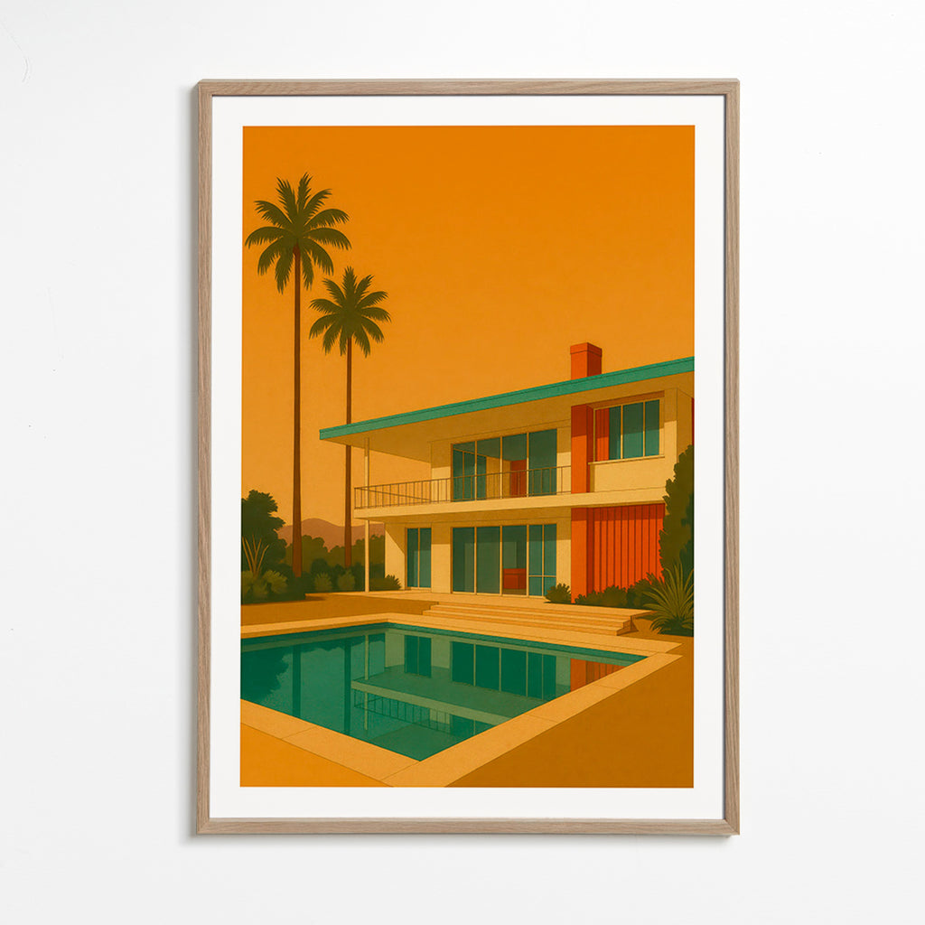 Cuadro villa moderna con piscina en hora dorada – Oak Frame