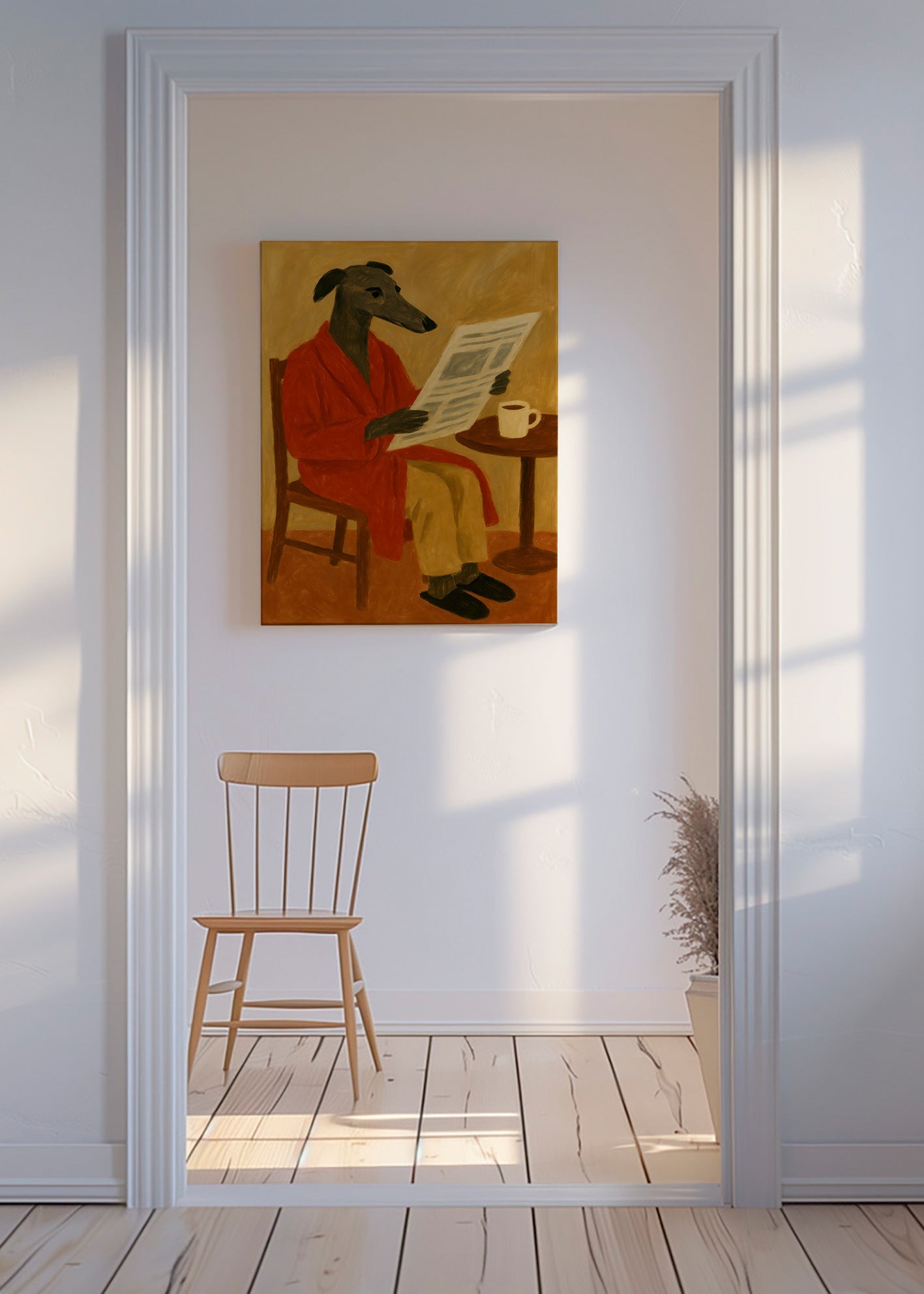 Cuadro de perro leyendo el periódico en bata roja – Canvas