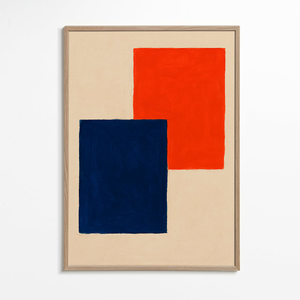 Cuadro abstracto: rectángulos superpuestos en rojo y azul – Oak Frame