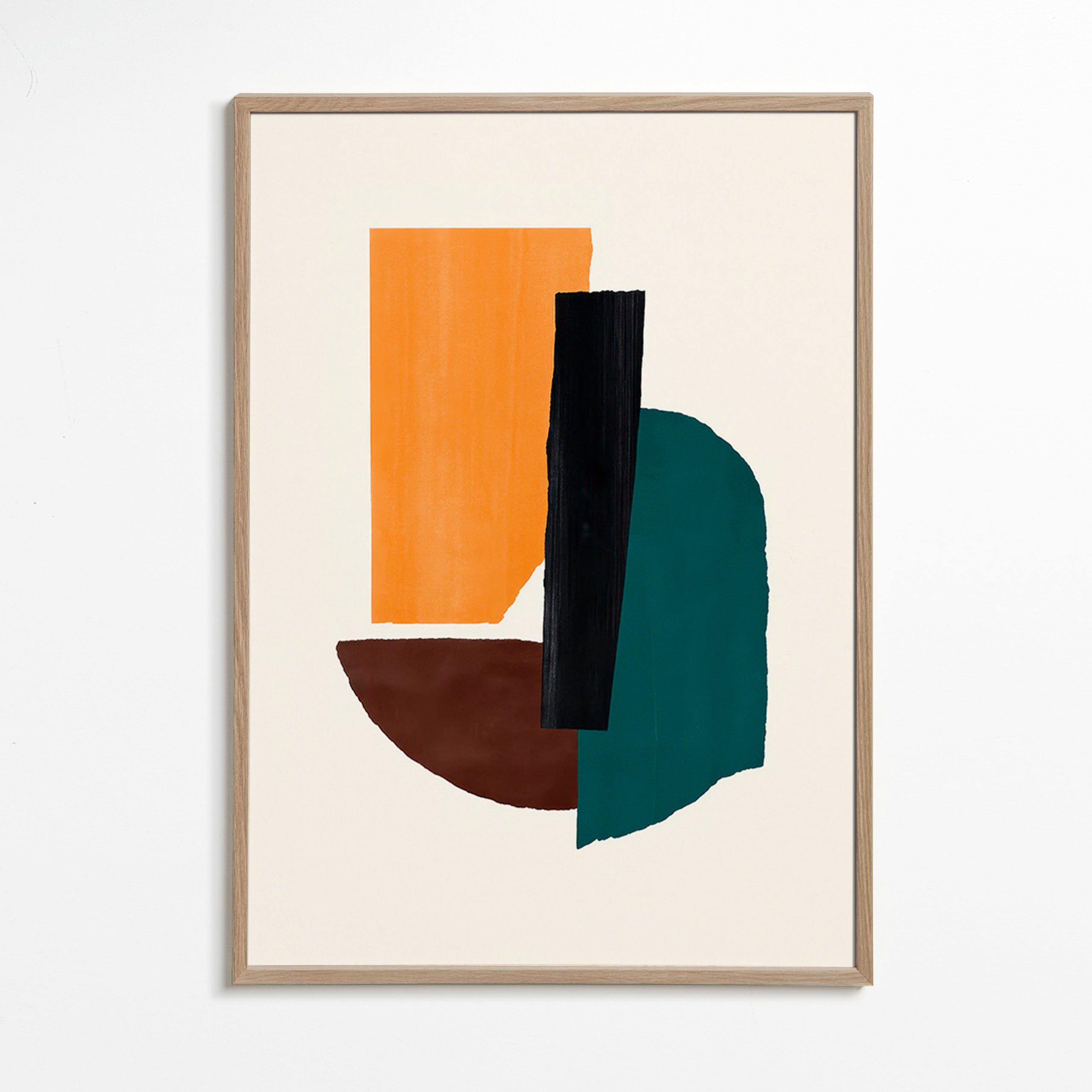 Cuadro abstracto con formas ochre y verde – Oak Frame