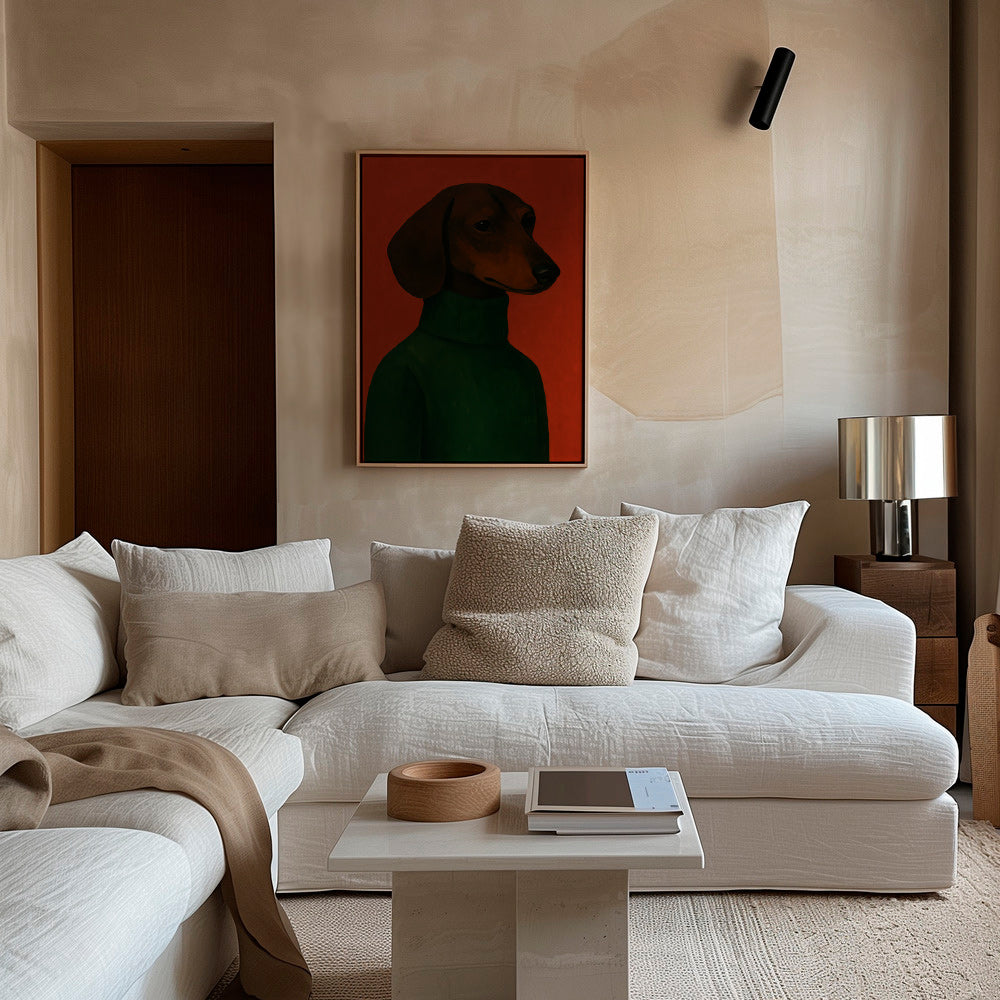 Cuadro retrato de perro salchicha con jersey verde – Canvas2