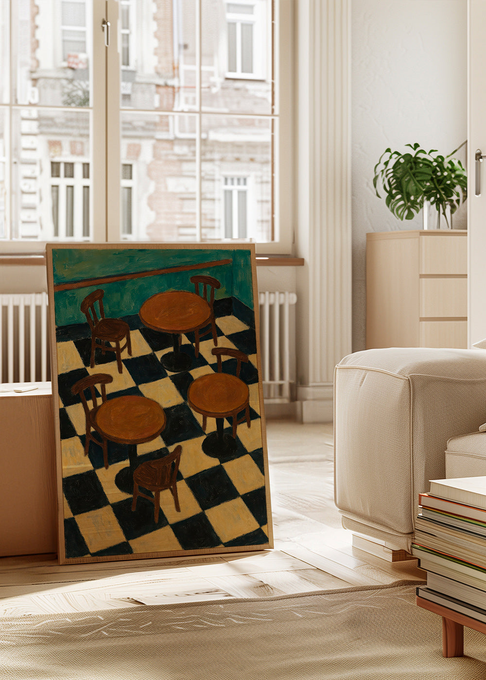 Cuadro de cocina con mesas bistró y suelo ajedrez – Product2
