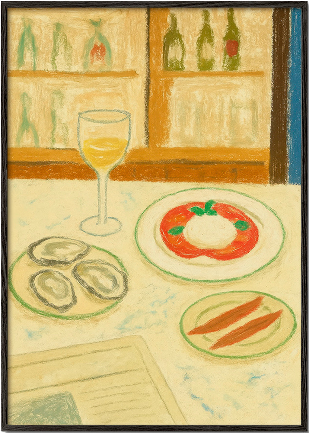 Cuadro de cocina: burrata y ostras en estilo pastel – Black Frame