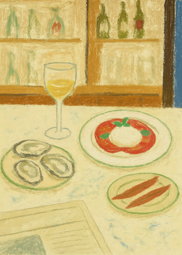 Cuadro de cocina: burrata y ostras en estilo pastel