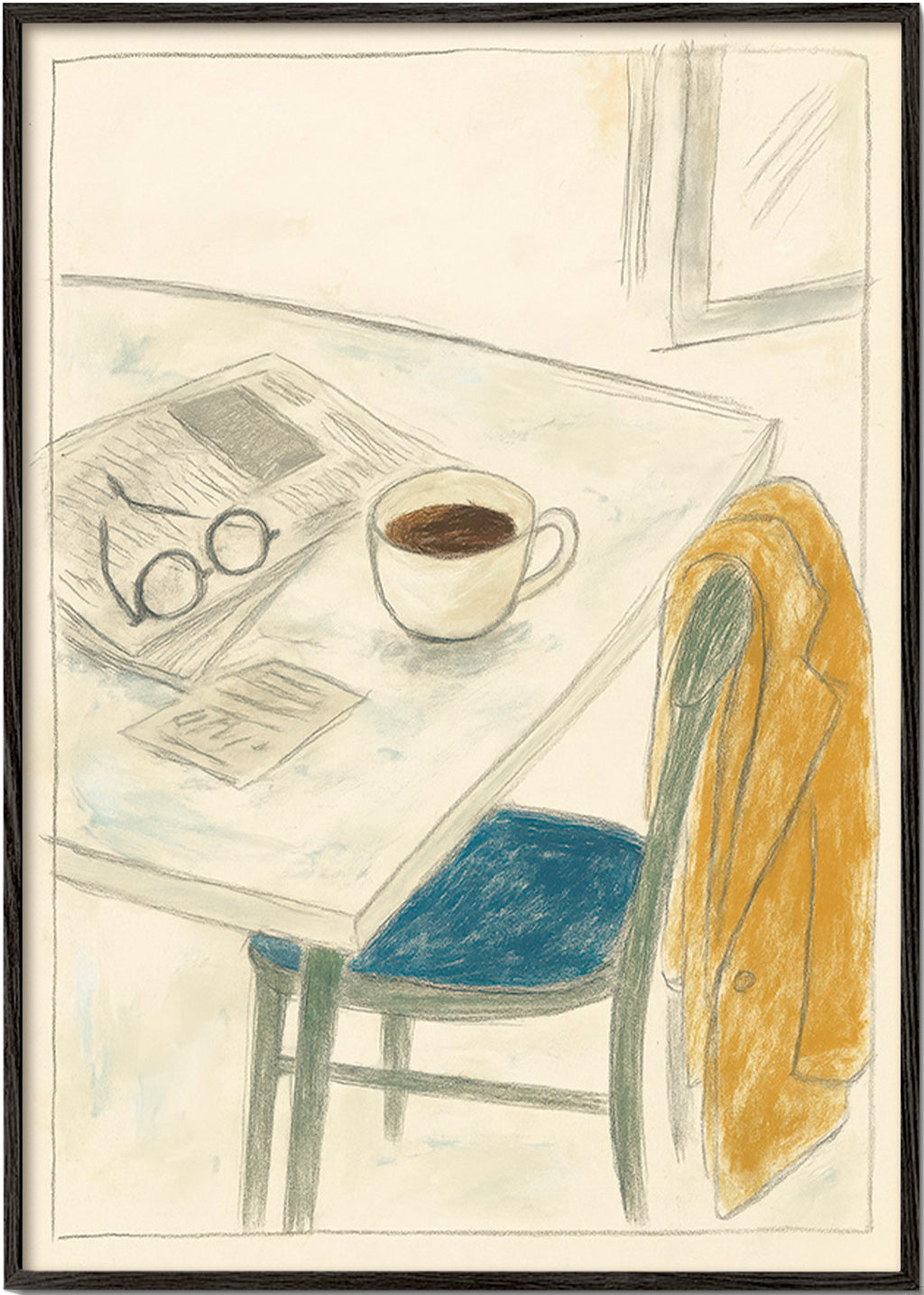 Cuadro de cocina con taza y abrigo informal – Black Frame