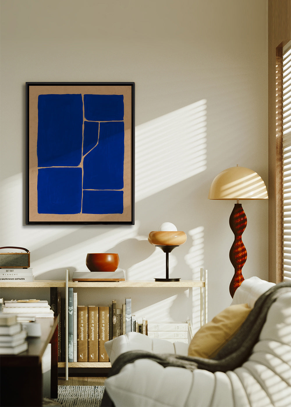 Cuadro geométrico azul con bloques fragmentados – Canvas2