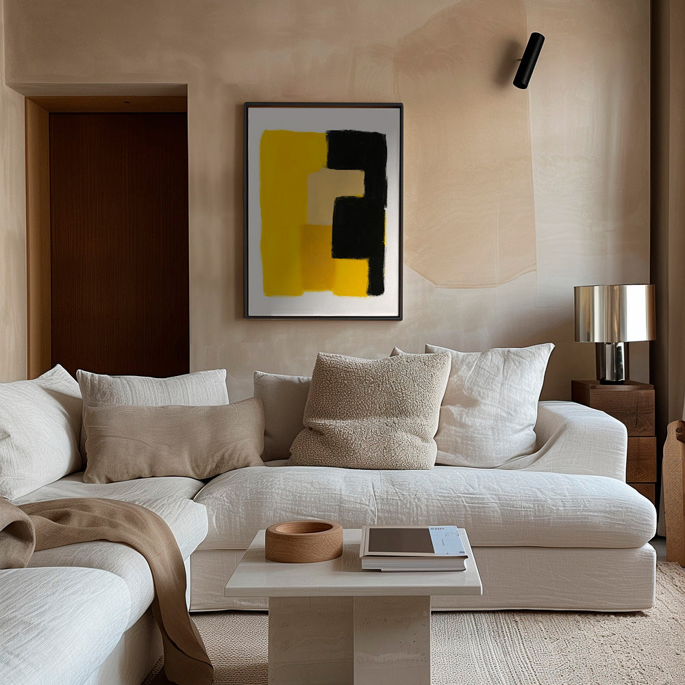 Cuadro abstracto amarillo y negro con bloques gestuales – Canvas2