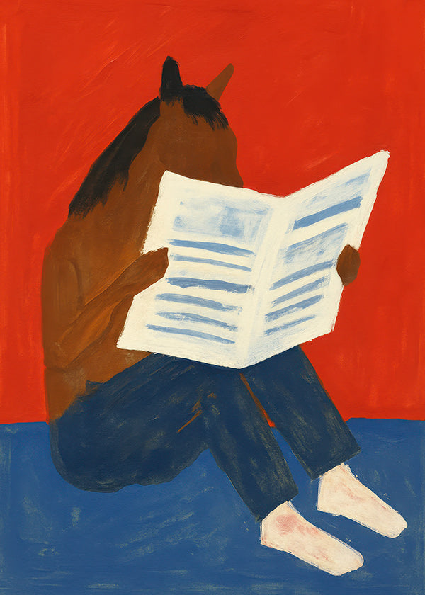 Cuadro de caballo leyendo el periódico