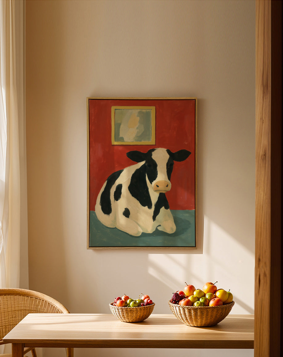 Resting Bovine - Framed canvas in an interior