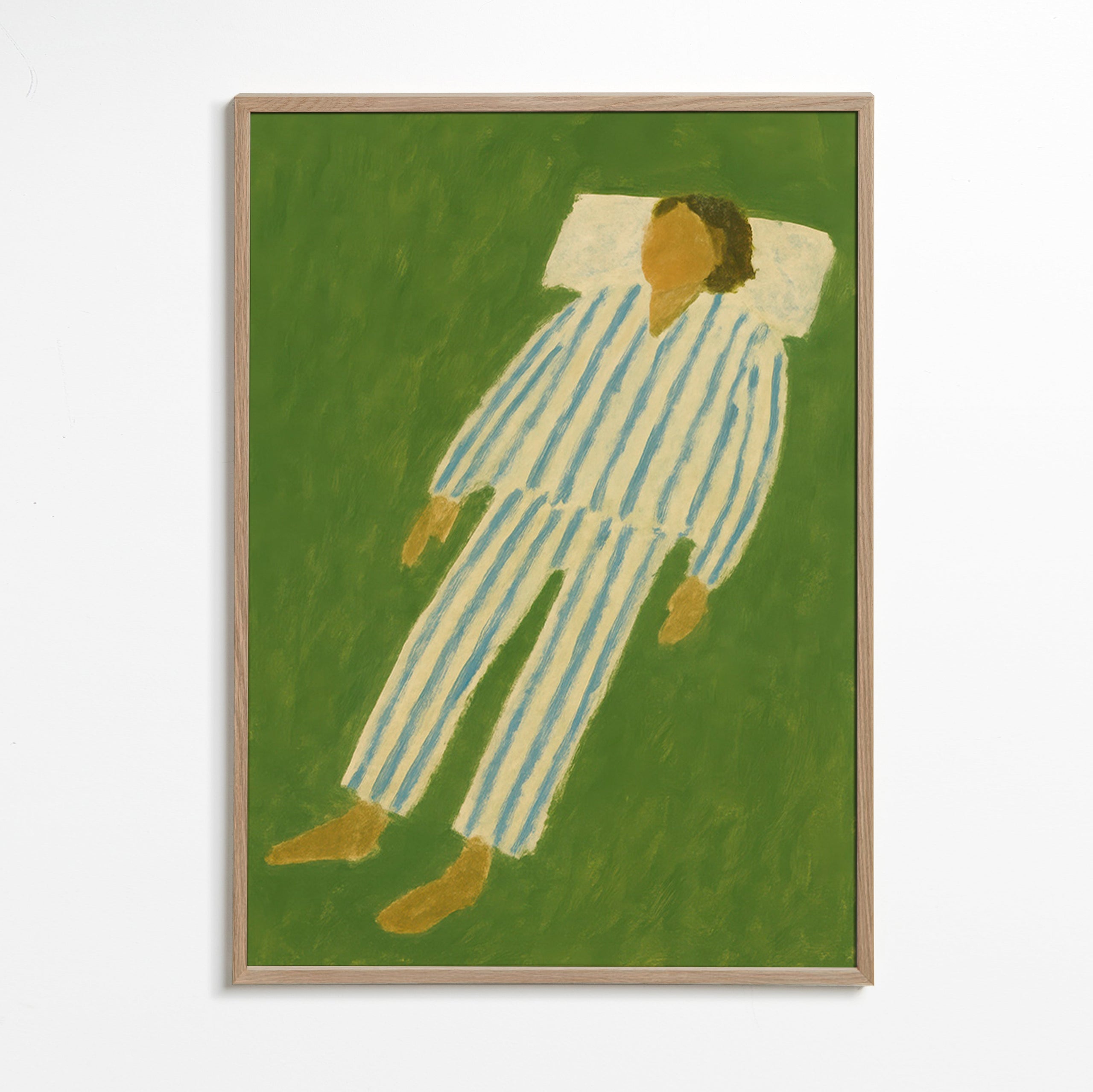 Ilustración de figura tumbada en pijama a rayas – Oak Frame