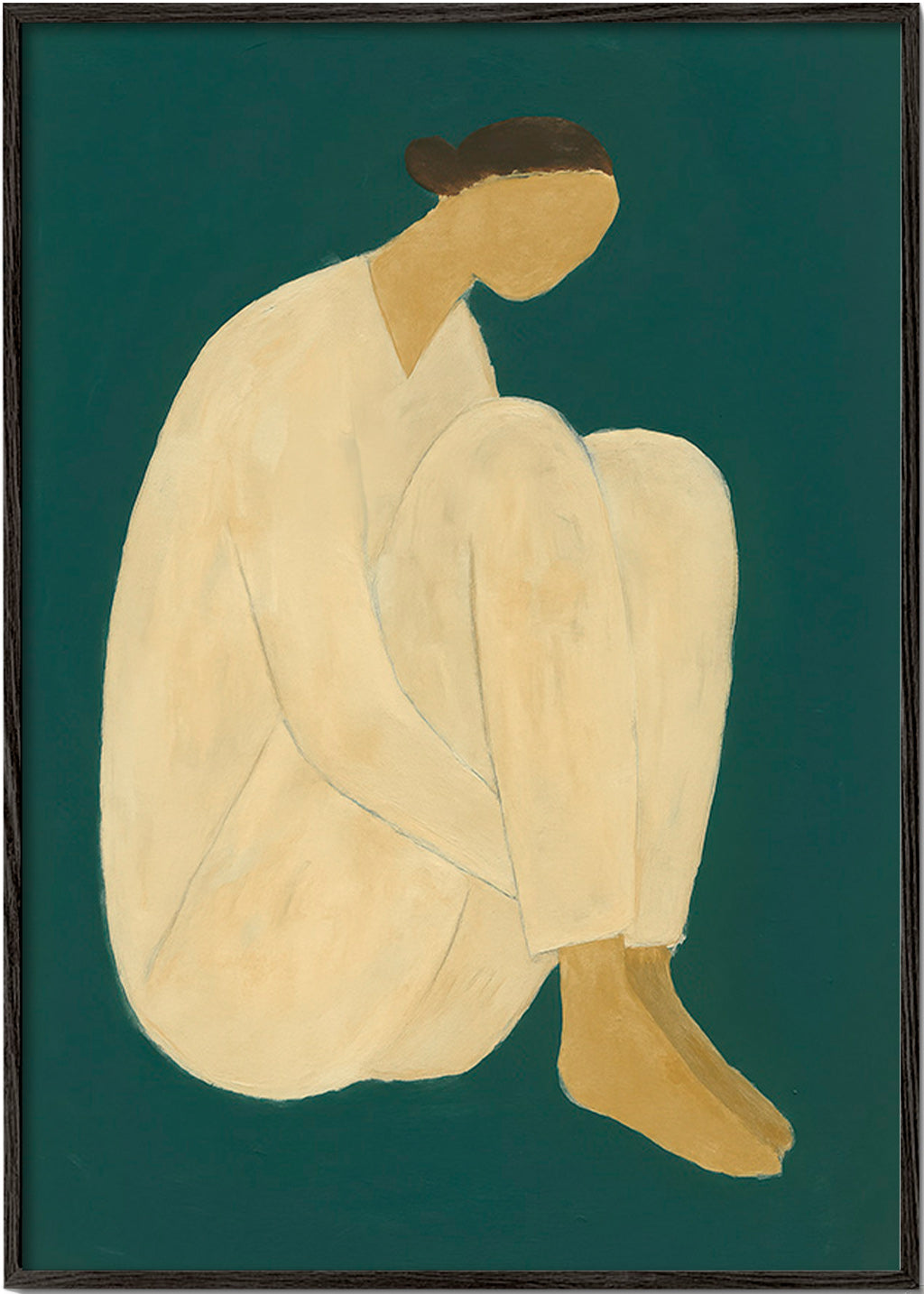 Cuadro minimalista de figura sentada sobre fondo verde – Black Frame