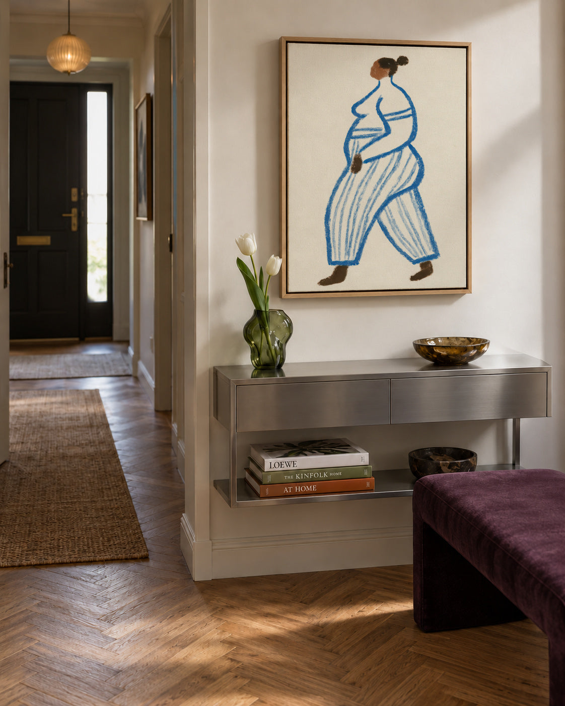 Blue Stripes Walk - Framed canvas in an interior