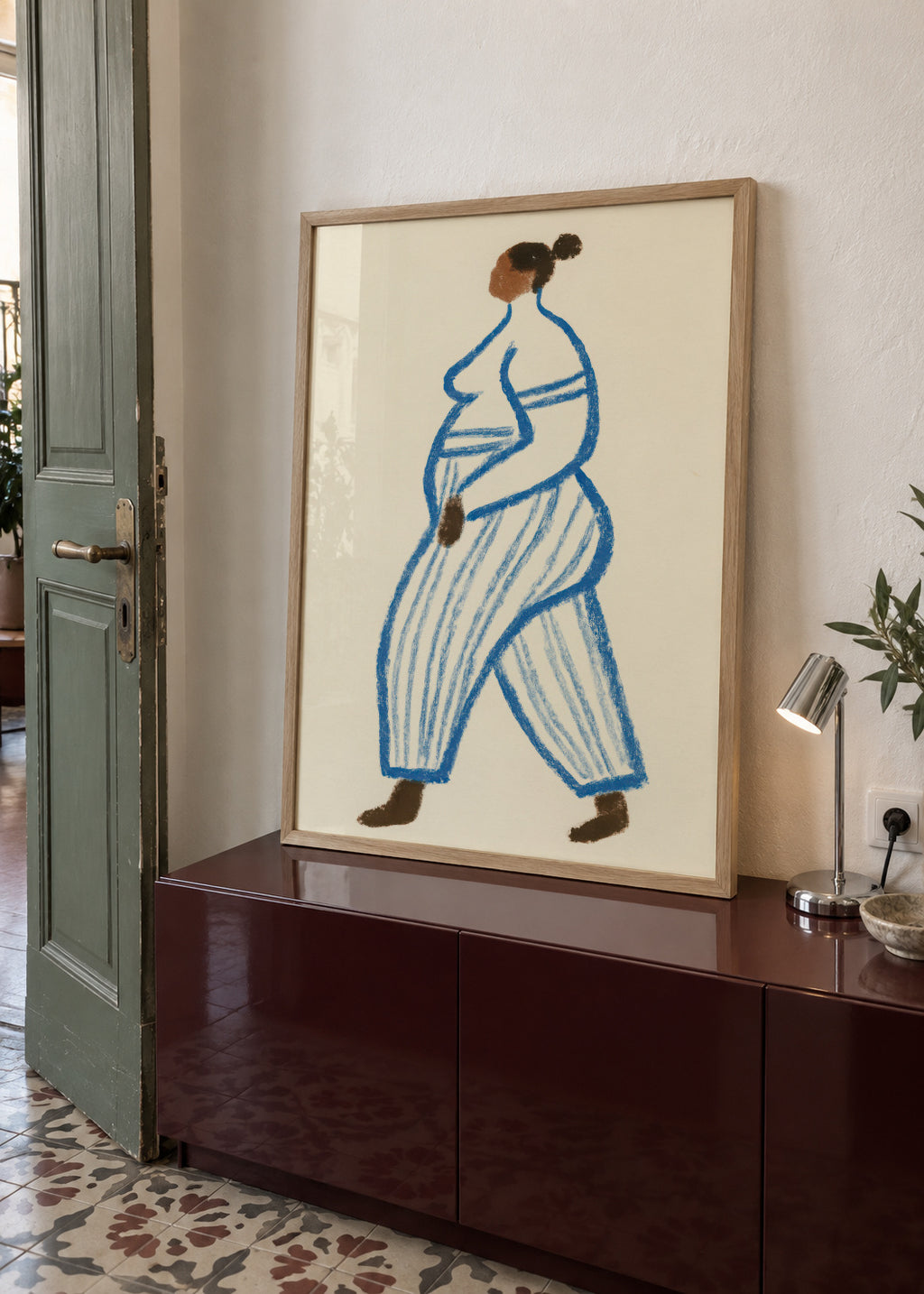 Blue Stripes Walk - Framed poster in an interior