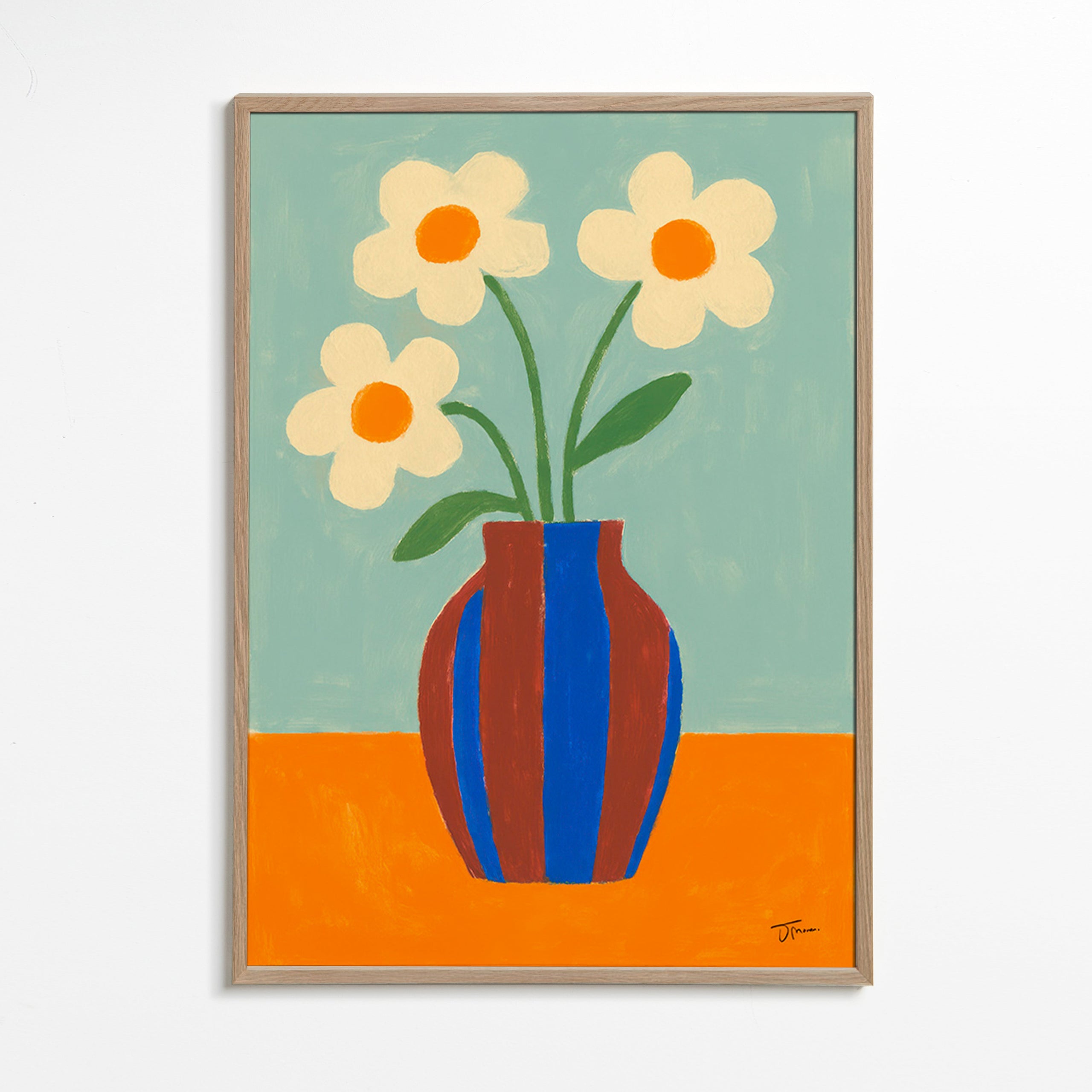 Lámina botánica con jarrón rayado y flores crema – Oak Frame