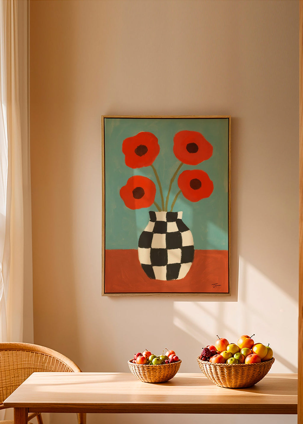 Lámina botánica con amapolas y jarrón ajedrez – Canvas2