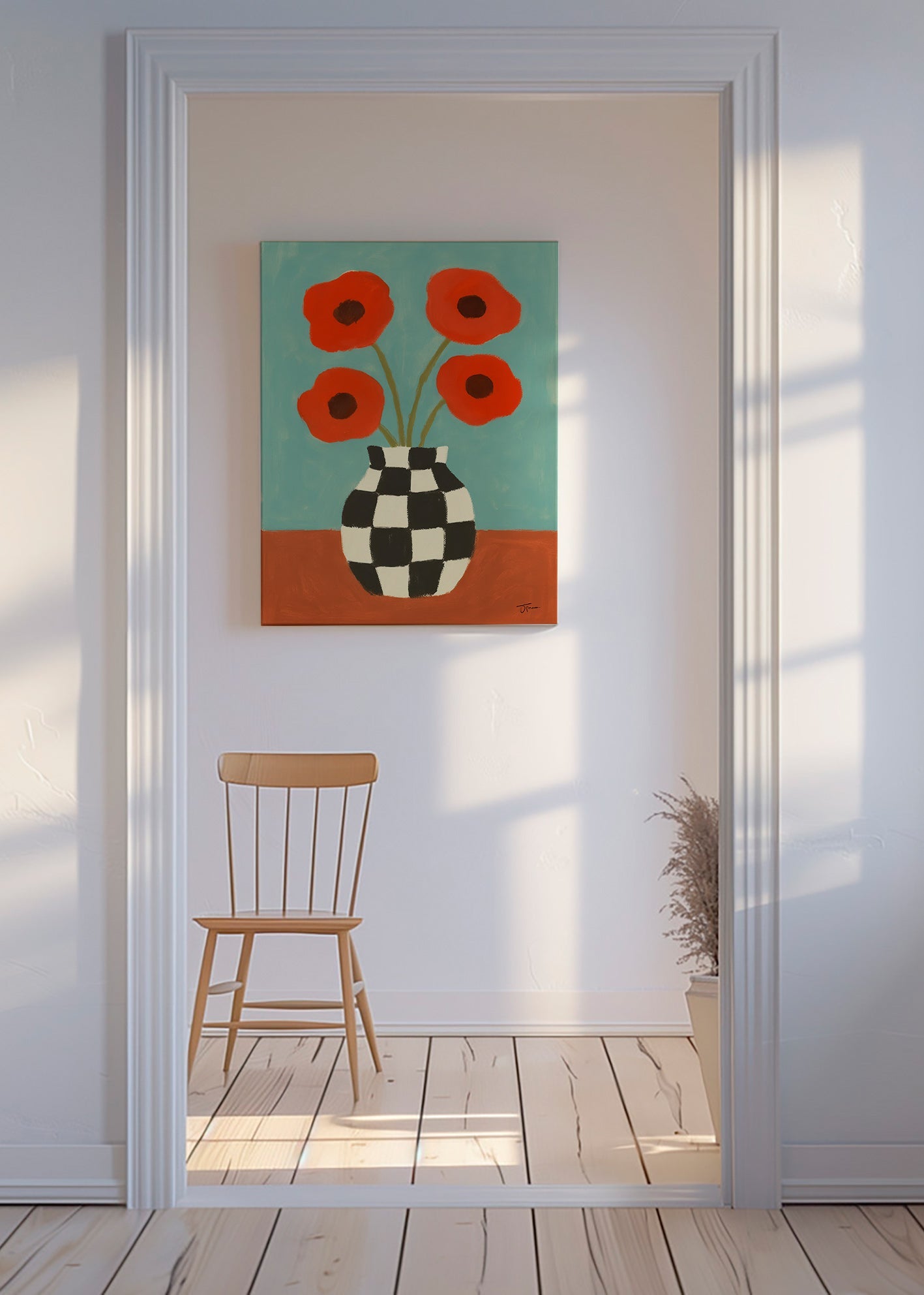 Lámina botánica con amapolas y jarrón ajedrez – Canvas