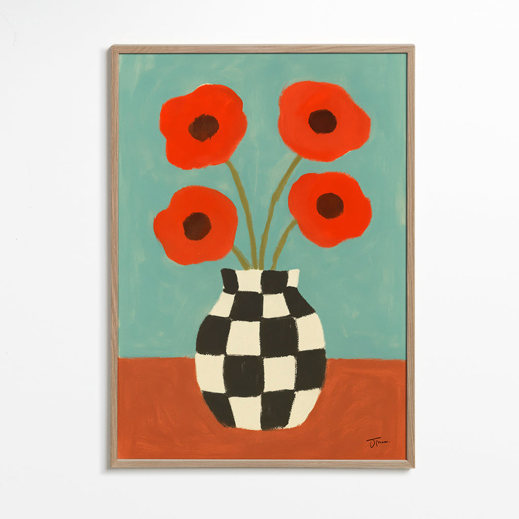 Lámina botánica con amapolas y jarrón ajedrez – Oak Frame