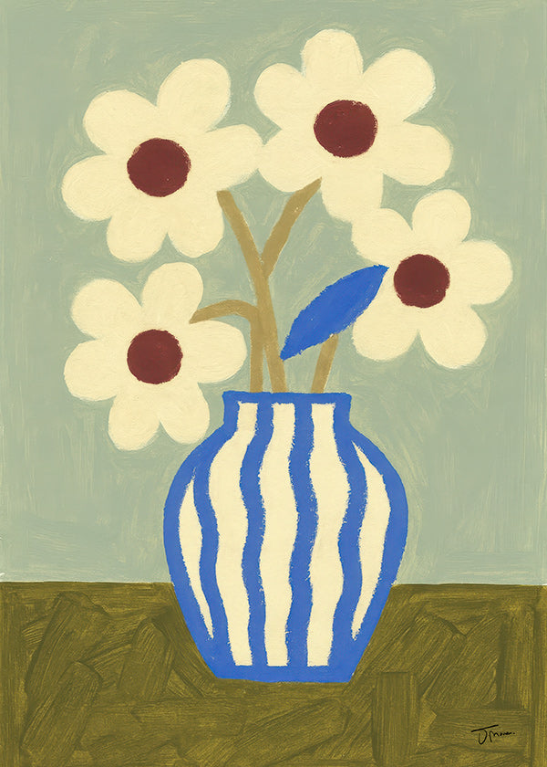 Lámina botánica jarrón azul con flores estilizadas