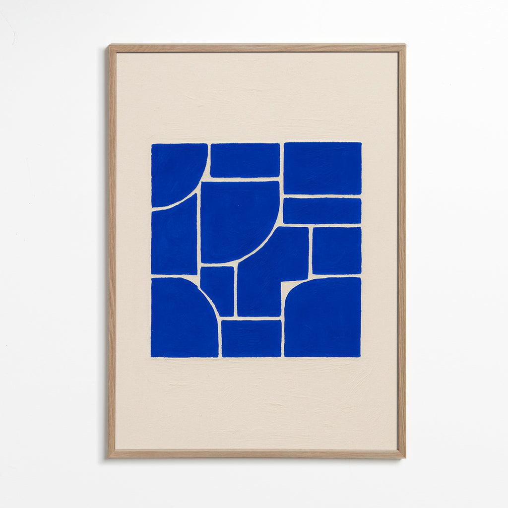 Cuadro geométrico azul con bloques centrales – Oak Frame