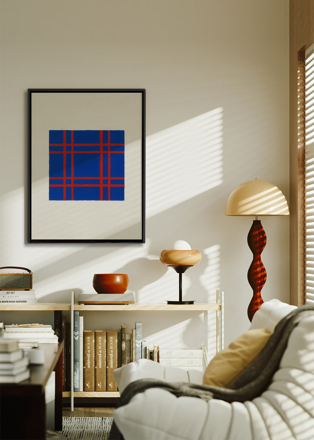 Cobalt Plaid - Framed canvas in an interior