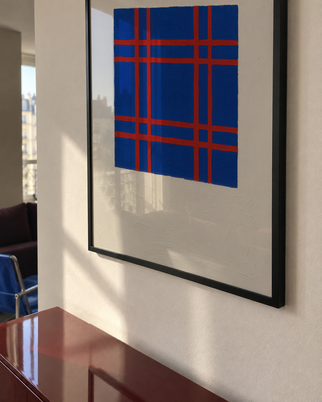 Cobalt Plaid - Framed poster in an interior