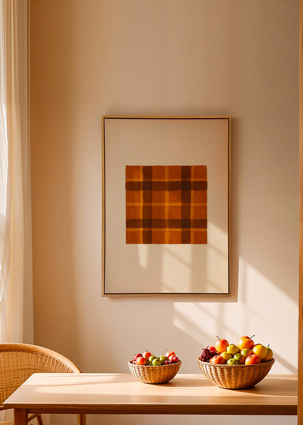 Cuadro geométrico ocre con panel central – Canvas1