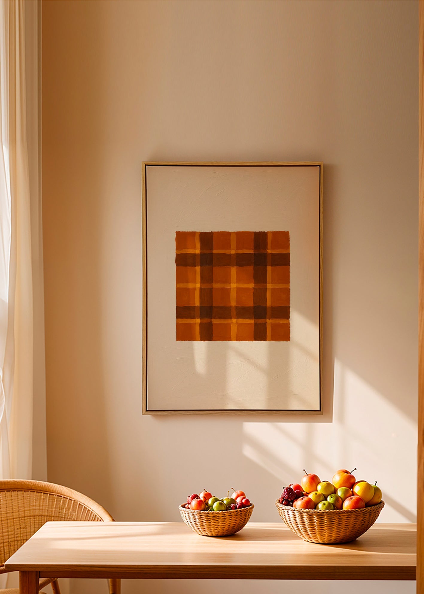 Cuadro geométrico ocre con panel central – Canvas1