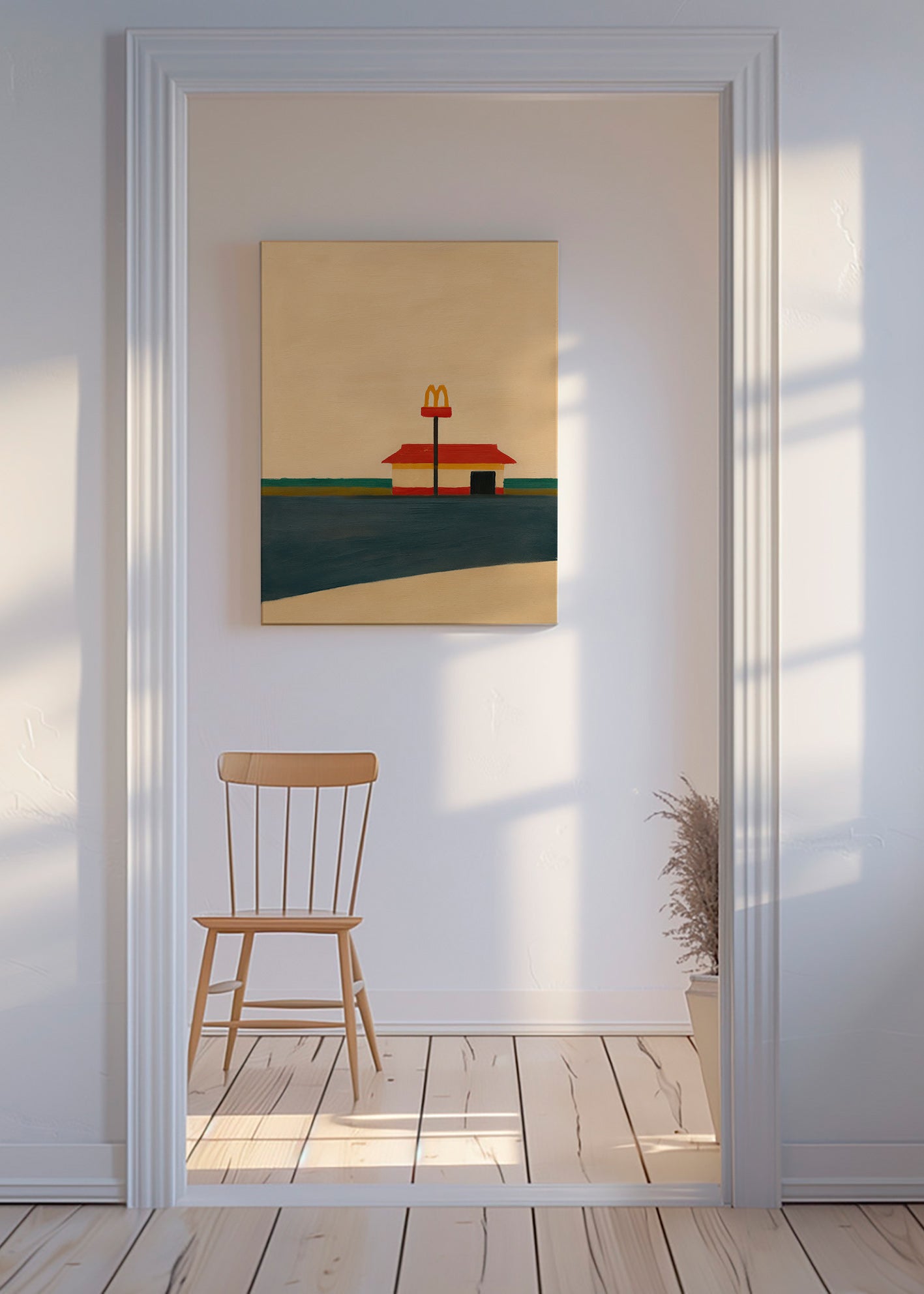 Cuadro de cocina minimalista con restaurante y arco dorado – Canvas