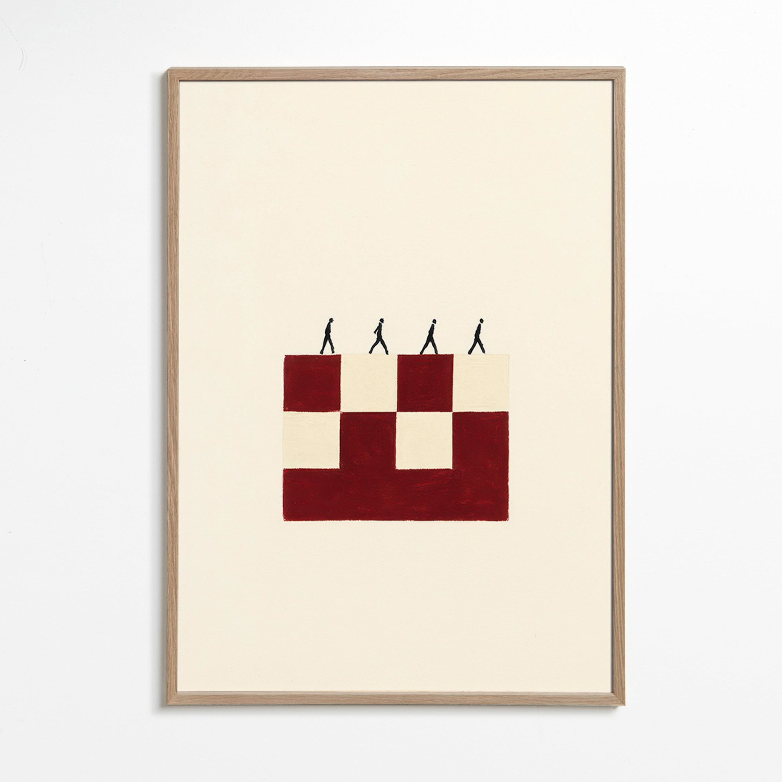 Cuadro geométrico con figuras caminando – Oak Frame