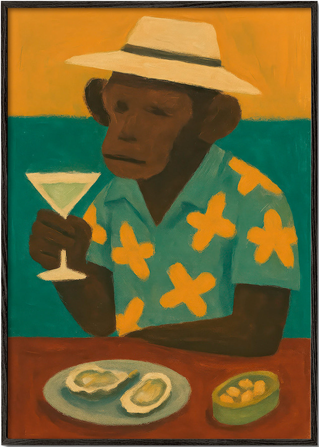 Cuadro de cocina con mono y cóctel – Black Frame