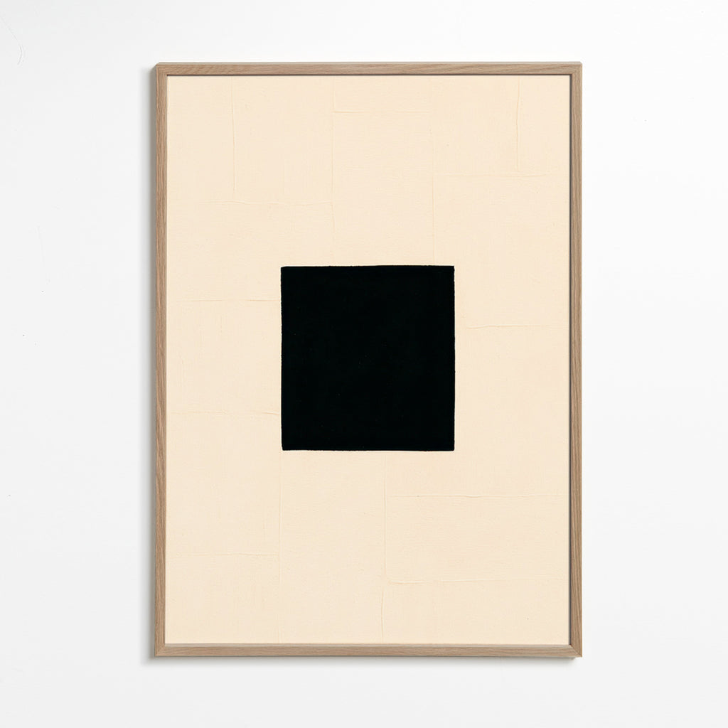 Cuadro abstracto: cuadrado negro sobre crema – Oak Frame