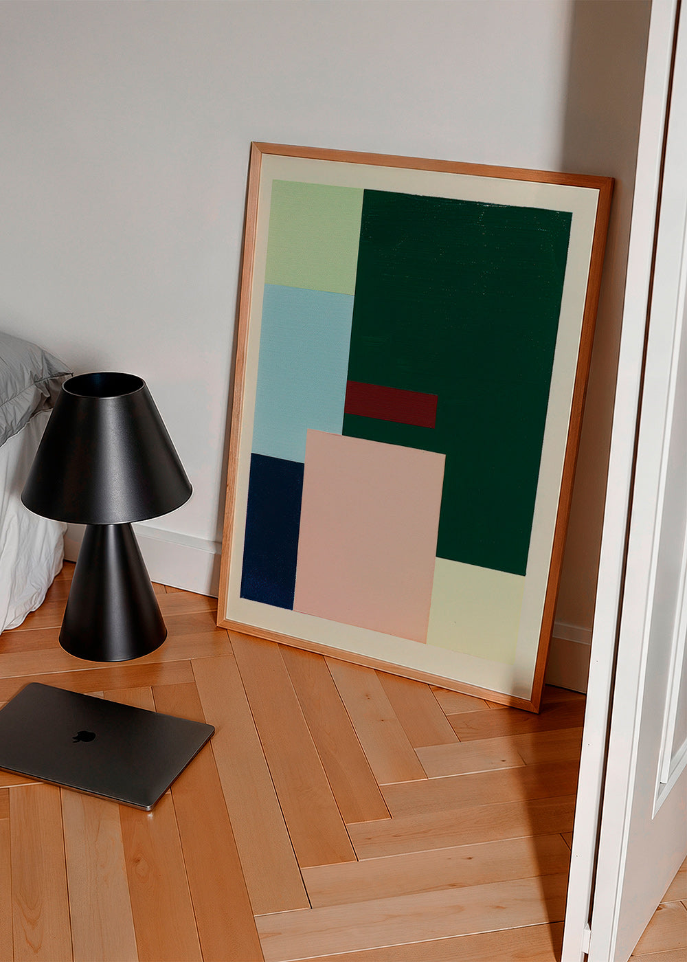 Cuadro geométrico de bloques: verde profundo y rosa suave – Product1