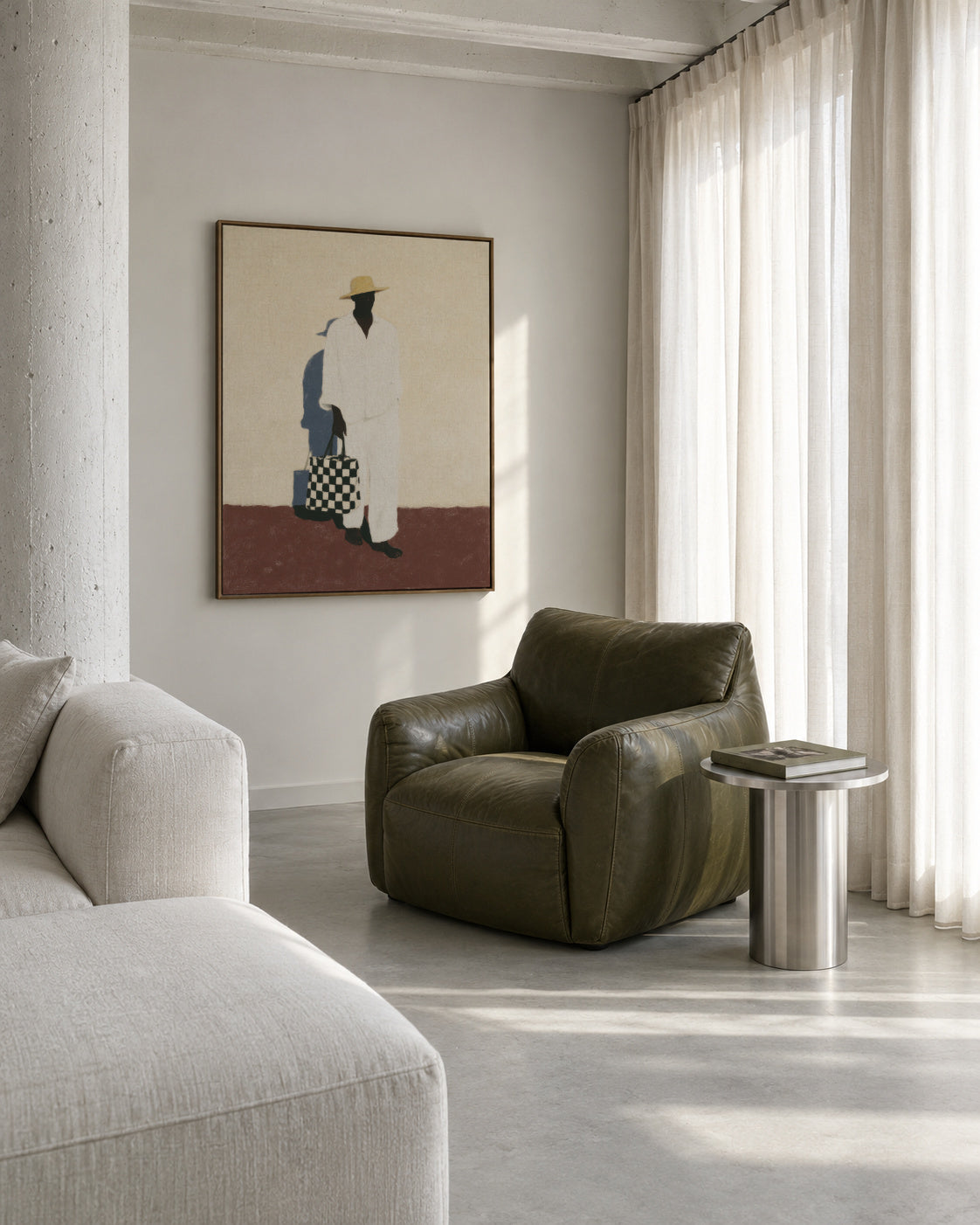 White Suit Walk III - Framed canvas in an interior