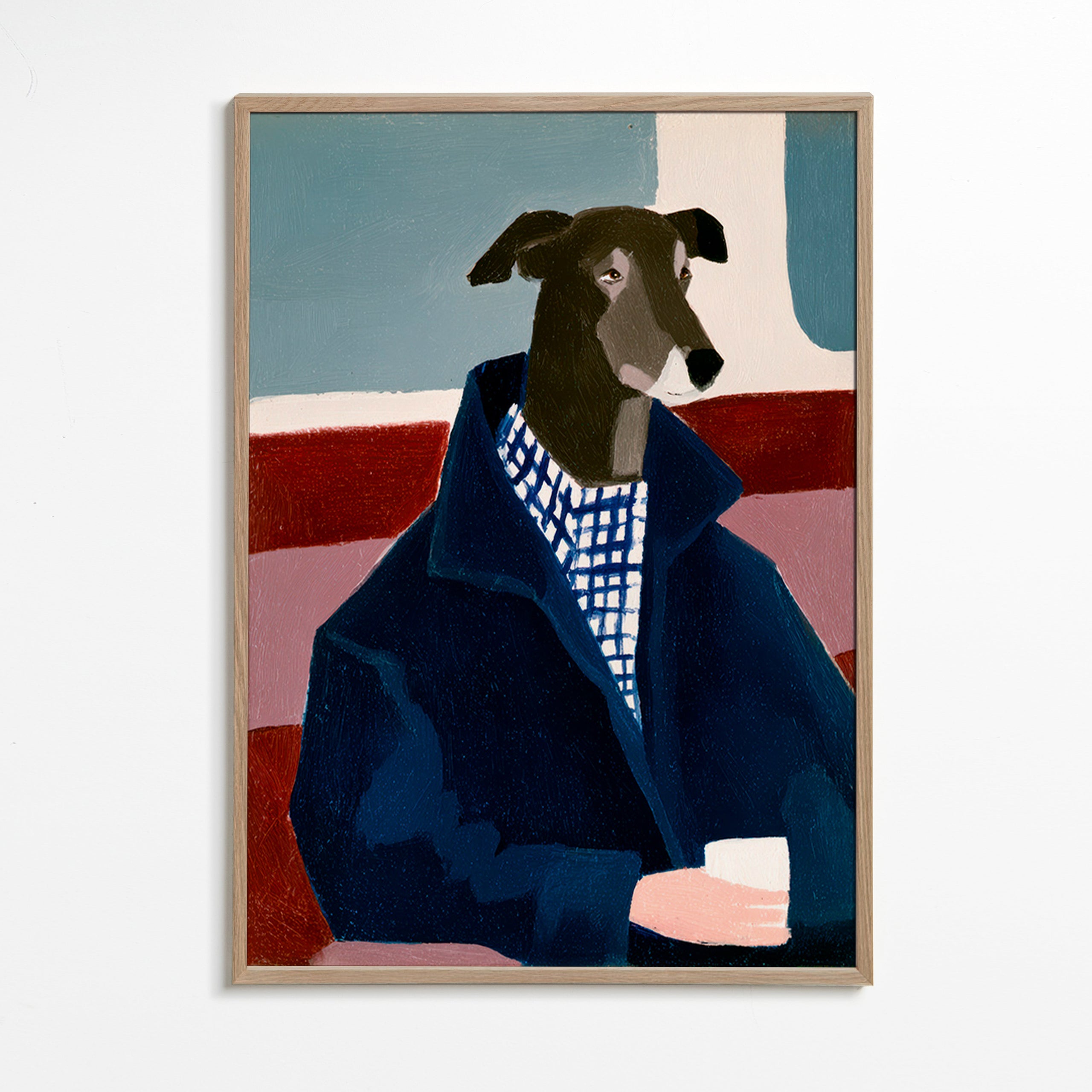 Cuadro galgo con abrigo azul – Oak Frame