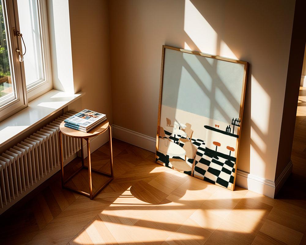 Cuadro de cocina con suelo ajedrezado y barra minimalista – Product1