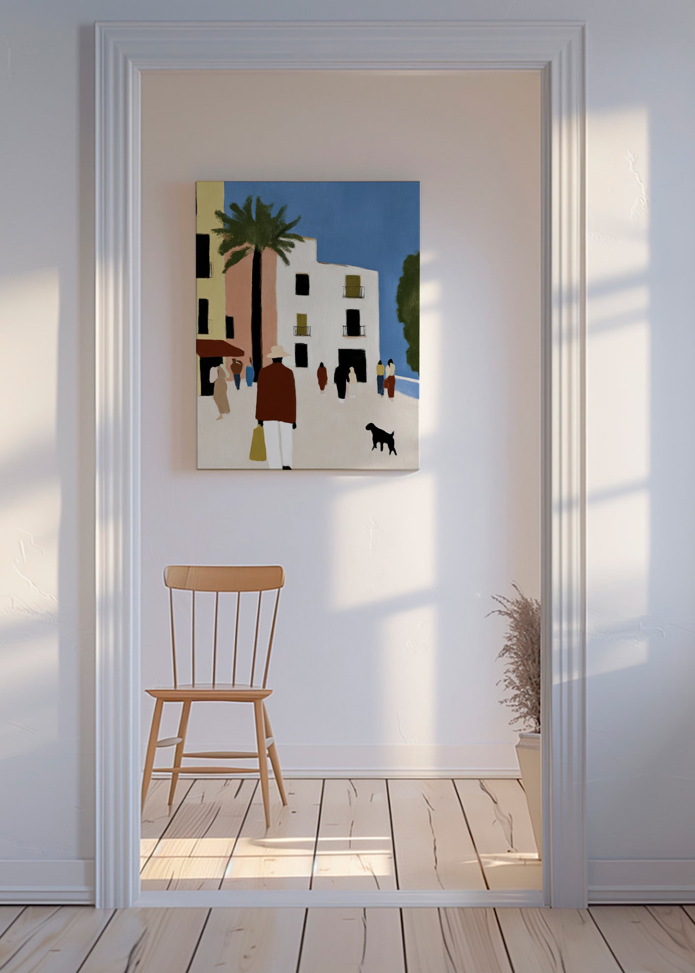 Cuadro de ciudades con paseo mediterráneo y palmera – Canvas