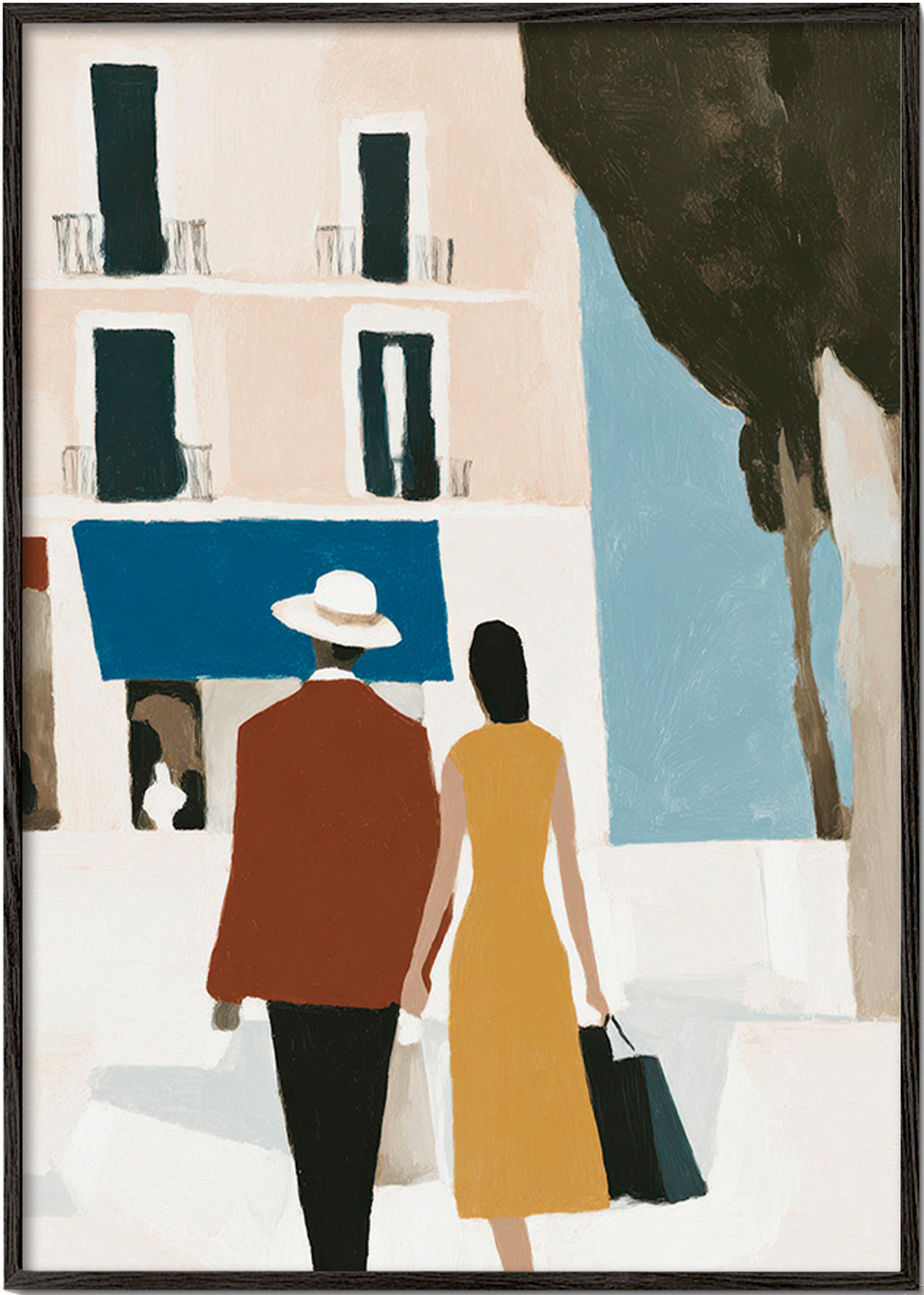 Ilustración de pareja sobre ciudad minimalista – Black Frame