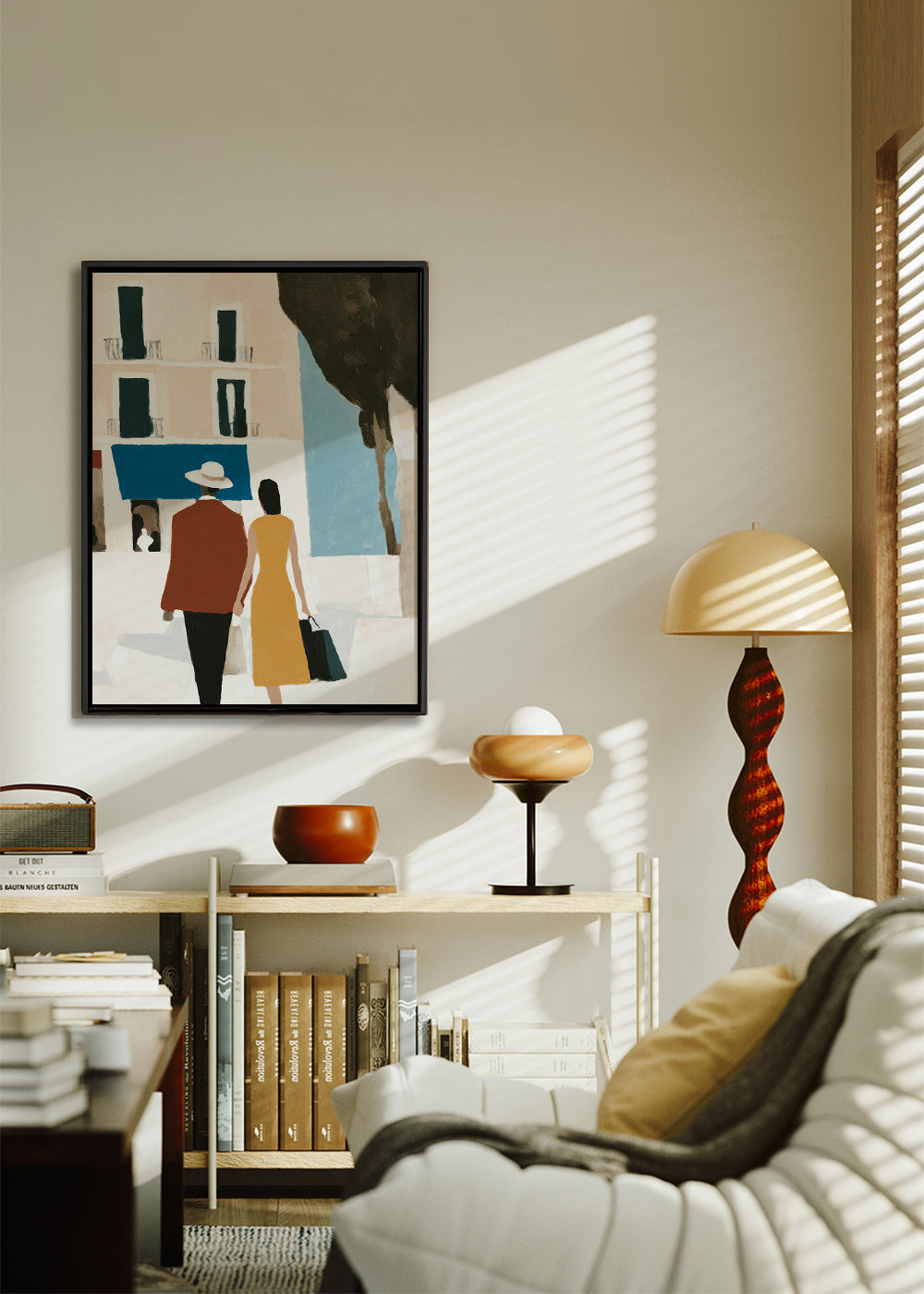 Ilustración de pareja sobre ciudad minimalista – Canvas1