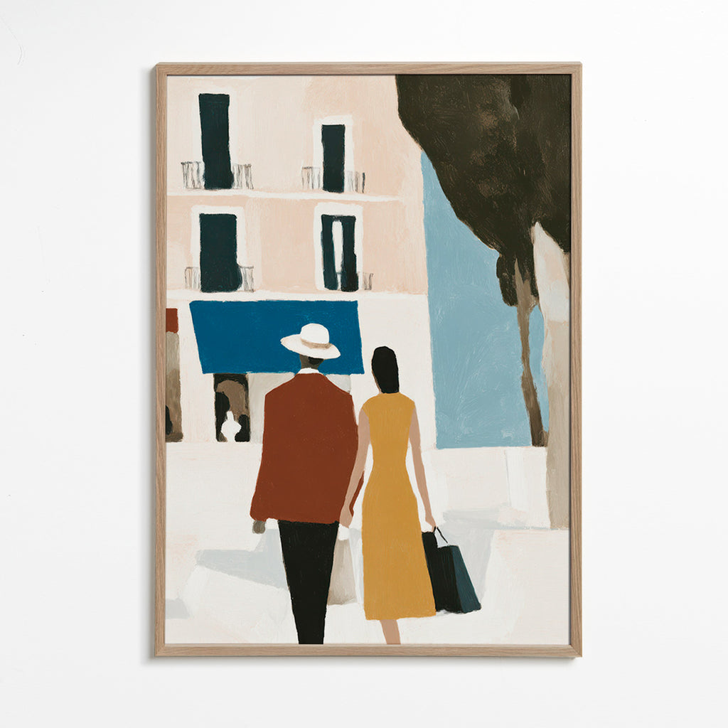 Ilustración de pareja sobre ciudad minimalista – Oak Frame