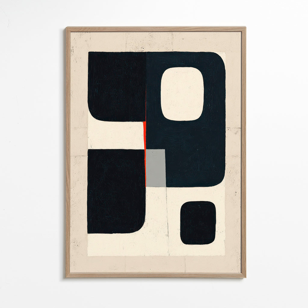 Cuadro geométrico con bloques negros y acento rojo – Oak Frame