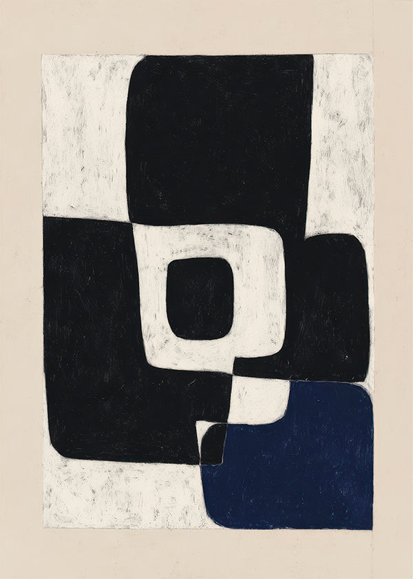 Cuadro abstracto con bloques negros y acento azul